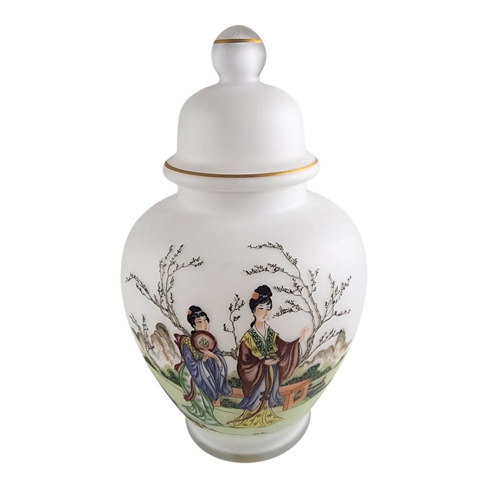 Vintage Norleane Italy Frosted Glass Hand-Painted Asian Giger Jar Vase Lidded